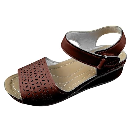 ZIZENG Damen Offene Zehen Orthopädische Sandalen Hohl PU Leder Sandalen mit Verstellbaren Schnalle Sommer Rutschfest Feste Gummi Sohle Geeignet für Strand,Braun,41 EU von ZIZENG