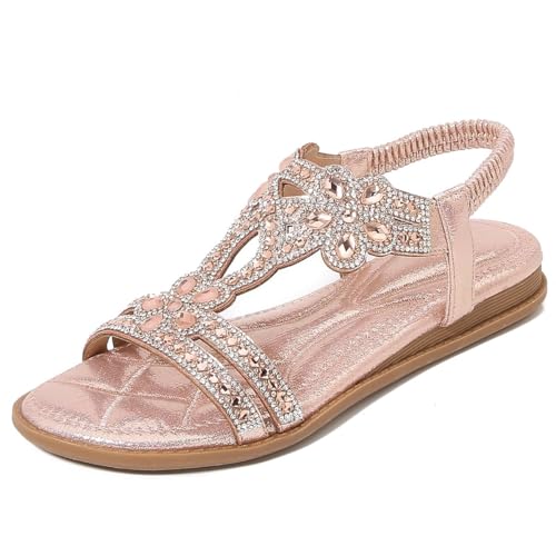 Damen Strass Flache Sandalen Gummiband Slingback Sandalen Elegante Schöne Comfort Strandschuhe Sind Geeignet Strände Urlaub Outdoor Party Hochzeit,Rosa,36 von ZIZENG