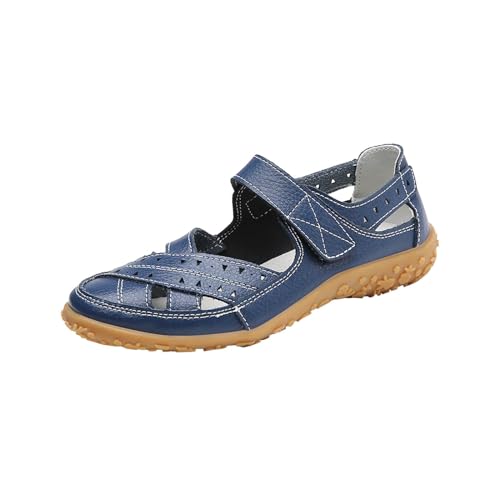 ZIZENG Frauen Orthopädische Geschlossener Zehenbereich Sandalen Vintage Runde Zehe Hohl Frauen Schuhe Comfort Flat Strandsandalen Geeignet Täglichen Gebrauch,Blau,38 von ZIZENG