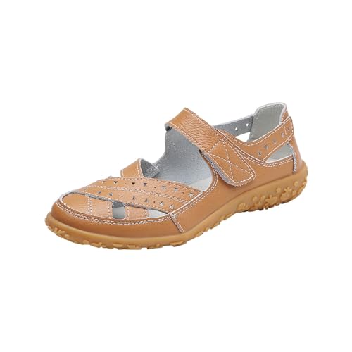 ZIZENG Frauen Orthopädische Geschlossener Zehenbereich Sandalen Vintage Runde Zehe Hohl Frauen Schuhe Comfort Flat Strandsandalen Geeignet Täglichen Gebrauch,Braun,35 von ZIZENG