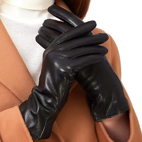 ZLUXURQ Damen Weiche schwarze echte Lammfell Leder Leder kaltes Wetter Touchscreen Handschuhe Kaschmir gefüttert von ZLUXURQ