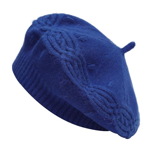 ZLYC Damen Baskenmütze Klassische Französischen Barett Einfarbig Warm Beret(Kabelstrick Königsblau) von ZLYC