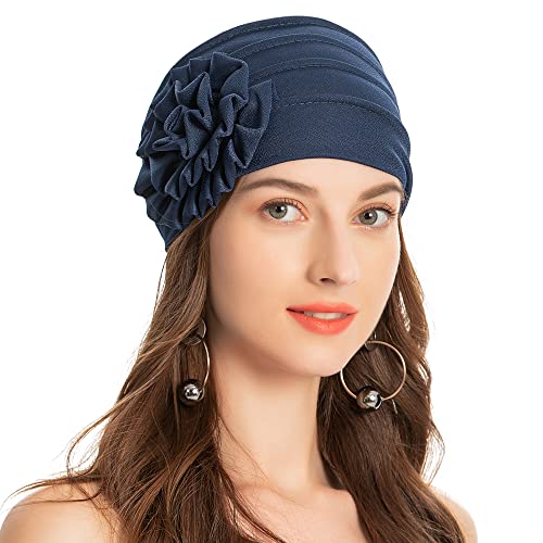 ZLYC Damen Beanie Mütze mit Blumen Elastischer Chemo Hut(Blumen Marine) von ZLYC