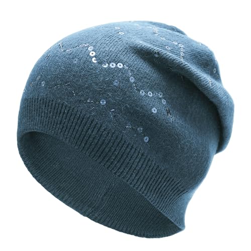 ZLYC Damen Strickmütze Slouchy Beanie Mütze Weich Winter Stretch Skull Cap(Wellige Pailletten Hazy Blue) von ZLYC