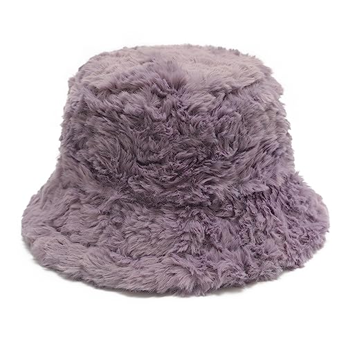 ZLYC Damen Winter Kunstpelz Fischerhut Stricken Bucket Hut(Pelziges Violett) von ZLYC