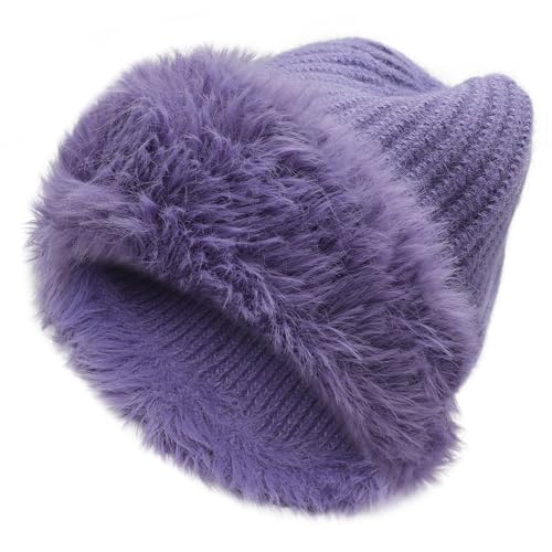 ZLYC Damen Winter Kunstpelz Slouchy Beanie Hut Warm Strickmützen(Einfarbig Violett) von ZLYC