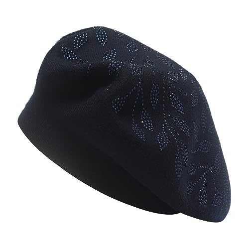 ZLYC Damen Wolle Baskenmütze Klassische Französischen Barett Warm Beret Mütze(Blätter Navy) von ZLYC