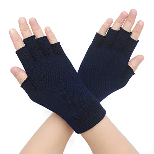 ZLYC Damen Wolle Halbfinger Handschuhe Winter Stricken Fingerlose Handschuhe(Einfarbig Marine) von ZLYC