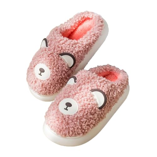 ZNEL Unisex- Herren Und Damen Cartoon Niedlich Und Gemütlich Weich Flauschigen Plüsch Cosy Bärenkopf Hausschuhe Indoor/outdoor Rutschfeste Pantoffeln(28-29, Pink) von ZNEL