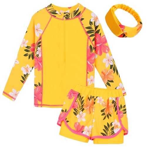 ZNYUNE Mädchen 2-Teilige Badebekleidung Kinder Zweiteiliger Schwimmanzug Stoffdruck Badeanzug Lange Ärmel + Rock-Shorts S421 YellowFlower 8A von ZNYUNE