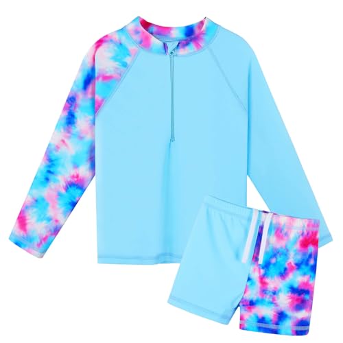 ZNYUNE Mädchen 2-Teilige Badebekleidung Kinder Zweiteiliger Schwimmanzug Stoffdruck Badeanzug Lange Ärmel + Rock-Shorts S443 TieDyeBlue 6A von ZNYUNE