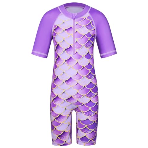 ZNYUNE Mädchen Einteiler Kurzarm Badeanzug Stoffdruck Kinder Schwimmanzug S376 PurpleScale 12A von ZNYUNE