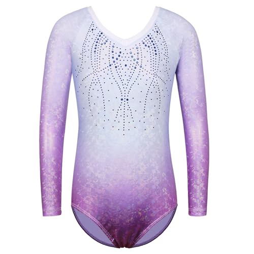 ZNYUNE Mädchen Gymnastikanzug Langarm Kinder Glänzende Turnanzug mit Strasssteine B267 BluePurple 6A von ZNYUNE