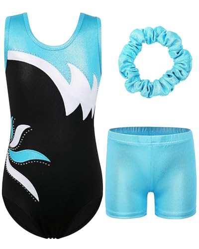 ZNYUNE Mädchen Turnanzug mit Hose Haarband Set Gymnastikanzug Kinder Shorts Trikot Turnen Ärmellos/Langarm Kleidung klassisch Turnbody B208 BlackAqua 12A von ZNYUNE