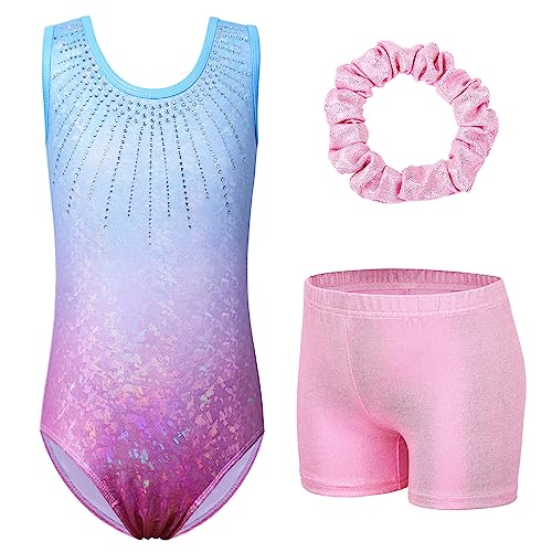 ZNYUNE Mädchen Turnanzug mit Hose Haarband Set Gymnastikanzug Kinder Shorts Trikot Turnen Ärmellos/Langarm Kleidung klassisch Turnbody B258 BluePink 8A von ZNYUNE