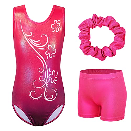 ZNYUNE Mädchen Turnanzug mit Hose Haarband Set Gymnastikanzug Kinder Shorts Trikot Turnen Ärmellos/Langarm Kleidung klassisch Turnbody B275 Rose 4A von ZNYUNE