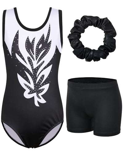 ZNYUNE Mädchen Turnanzug mit Hose Haarband Set Gymnastikanzug Kinder Shorts Trikot Turnen Ärmellos/Langarm Kleidung klassisch Turnbody B323 BlackWhiteFlower 8A von ZNYUNE