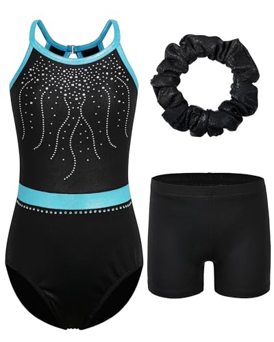 ZNYUNE Mädchen Turnanzug mit hose Haarband Set gymnastikanzug Kinder Shorts trikot turnen Ärmellos/Langarm Kleidung klassisch Turnbody B350 BlackAqua 6A von ZNYUNE