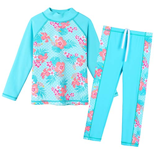 ZNYUNE Mädchen Zweiteiliger Badeanzug Stoffdruck Kinder Badebekleidung Lange Ärmel + Hosen Schwimmanzug 301 CyanFlower 8A von ZNYUNE