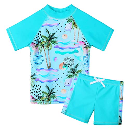 ZNYUNE Mädchen Zweiteiliger Badeanzug Stoffdruck Kinder Schwimmanzug Badehose Badebekleidung UV-Schutz 50+ Badeset Rash Guards Bademode 324 CyanCocoTree 14A von ZNYUNE