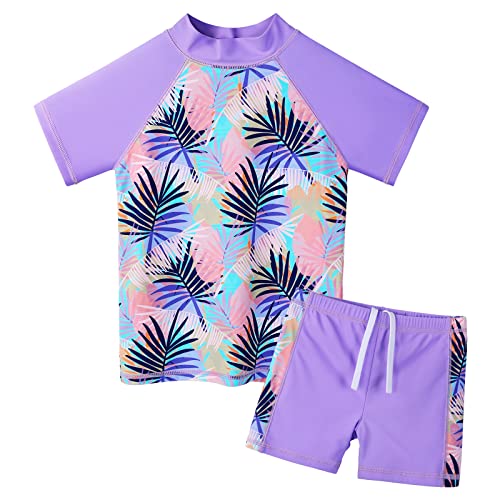 ZNYUNE Mädchen Zweiteiliger Badeanzug Stoffdruck Kinder Schwimmanzug Badehose Badebekleidung UV-Schutz 50+ Badeset Rash Guards Bademode S399 PurpleLeaves 12A von ZNYUNE