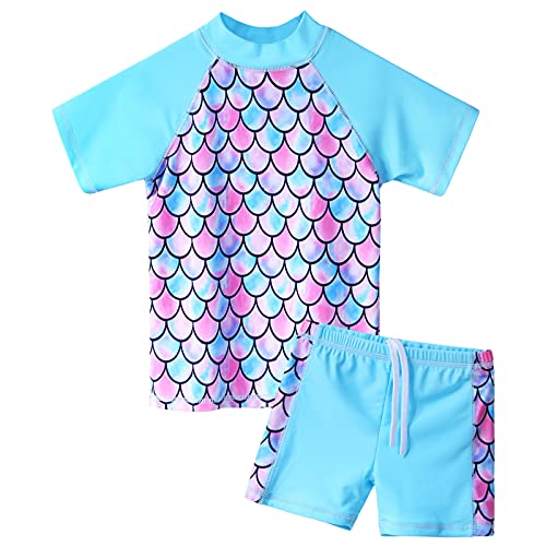 ZNYUNE Mädchen Zweiteiliger Badeanzug Stoffdruck Kinder Schwimmanzug Badehose Badebekleidung UV-Schutz 50+ Badeset Rash Guards Bademode S366 ScaleBlue 8A von ZNYUNE