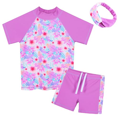 ZNYUNE Mädchen Zweiteiliger Badeanzug Stoffdruck Kinder Schwimmanzug Kurzen Ärmeln + Shorts Badebekleidung S420 PinkFlower 10A von ZNYUNE