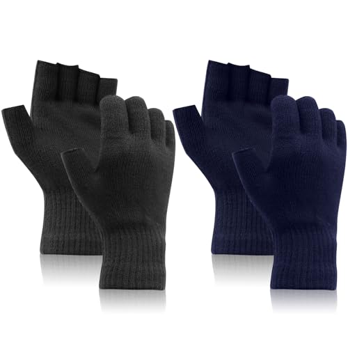 ZOCONE 2 Paar Fingerlose Handschuhe, Winterhandschuhe Halbe Finger gestrickte Handschuhe Fingerlose Handschuhe für Herren Damen Warm Stretch Fingerlose Handschuhe für Erwachsene Kinder, Schwarz + von ZOCONE