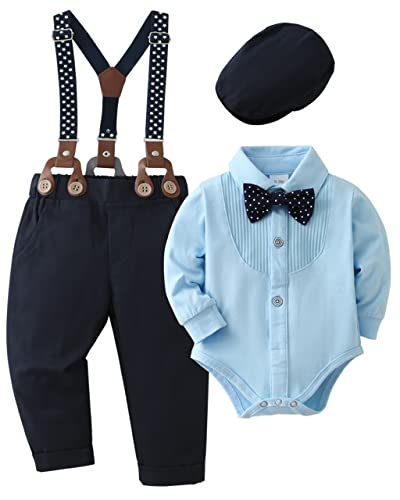 ZOEREA 4tlg Baby Jungen Kleidung Set Taufbekleidung Strampler mit Fliege + Hosenträge Baby Bekleidungssets Gentleman Anzug für Festliche Hochzeit Blau,12-18 Monate von ZOEREA