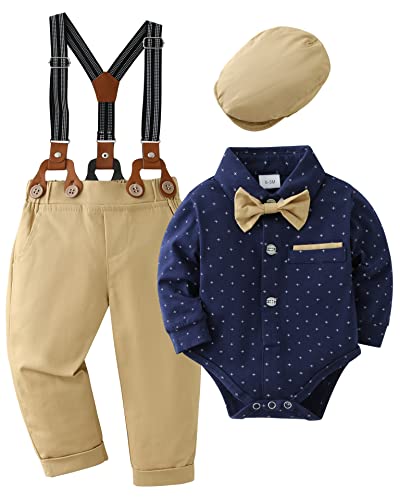 ZOEREA 4tlg Baby Jungen Kleidung Set Taufbekleidung Strampler mit Fliege + Hosenträge Baby Bekleidungssets Gentleman Anzug für Festliche Hochzeit Dunkelblau,0-3 Monate von ZOEREA