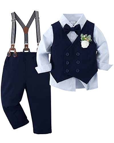 ZOEREA Baby Jungen Bekleidungsset Anzug Gentleman Festliche Taufe Hochzeit Langarm Kleid Hemd + Bowtie + Weste + Boutonniere + Hosenträge Blau,4-5 Jahre von ZOEREA