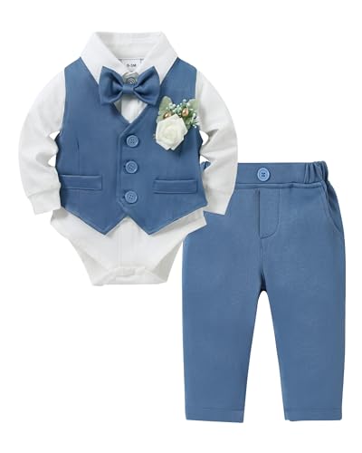 ZOEREA Baby Jungen Gentleman Anzug, Kleinkind Hochzeit Taufe Festliche Langarm Strampler Hemd + Fliege + Weste + Korsage + Hosenträge Blau, 6-12 Monate von ZOEREA