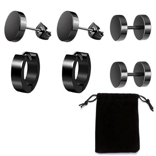 ZOKJSW Männer Ohrringe Schwarz Titan Punk Ohrstecker Runde Coole Ohrclips Kreuz Piercing Edelstahl Herren Ohrstecker Creolen Baumeln Ohrringe für Jungen 3 Pairs von ZOKJSW