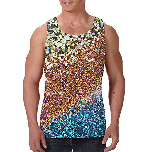 Tanktop für Herren, ärmellos, mit grafischem Muster, Rot, Blau, Gold, Glitzer, goldfarbene glänzende Pailletten, Schwarz , M von ZORIN