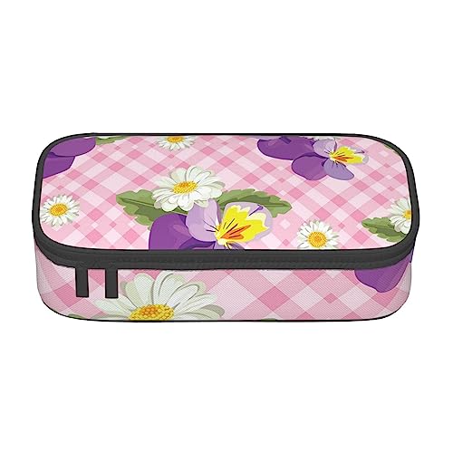 ZORIN Federmäppchen für Mädchen Jungen Große Kapazität Federmäppchen Stiefmütterchen Kamille Rosa Plaid Stifttasche Tragbare Make-up-Tasche für Schule Büro Studenten Teenager von ZORIN