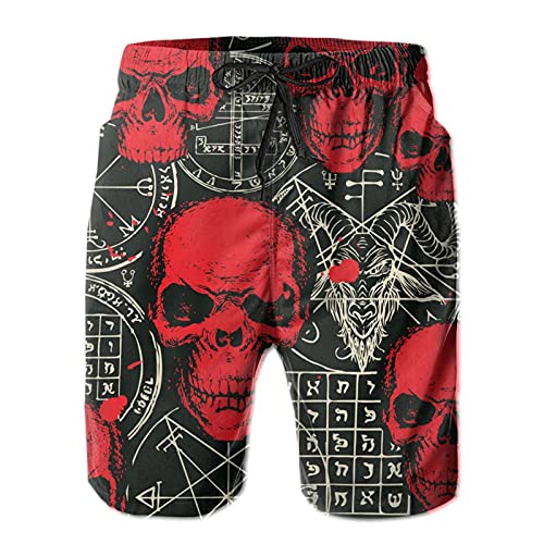 ZORIN Herren Badehose Totenkopf Rot Hexerei Dämon Satan Symbol Psychedelic Bademode Shorts Quick Dry Athletic mit Mesh-Futter und Taschen, weiß, S 7-9 von ZORIN