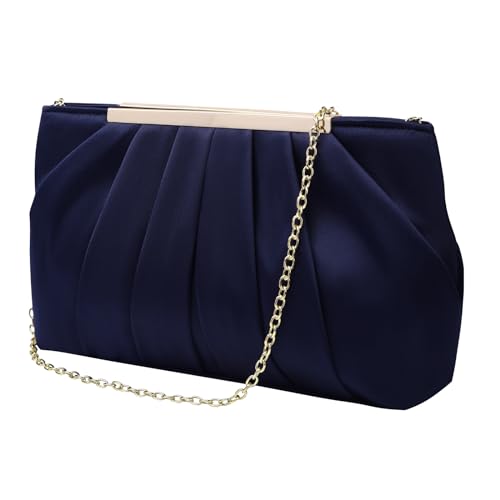 ZOUIQSS Abendtasche Damen Clutch Elegant Brauttasche aus Plissierter Satin mit Kette Handtasche für Hochzeit Abschlussball Party(Satin Marineblau) von ZOUIQSS