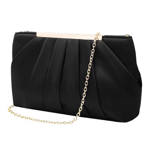 ZOUIQSS Abendtasche Damen Clutch Elegant Brauttasche aus Plissierter Satin mit Kette Handtasche für Hochzeit Abschlussball Party(Satin Schwarz) von ZOUIQSS