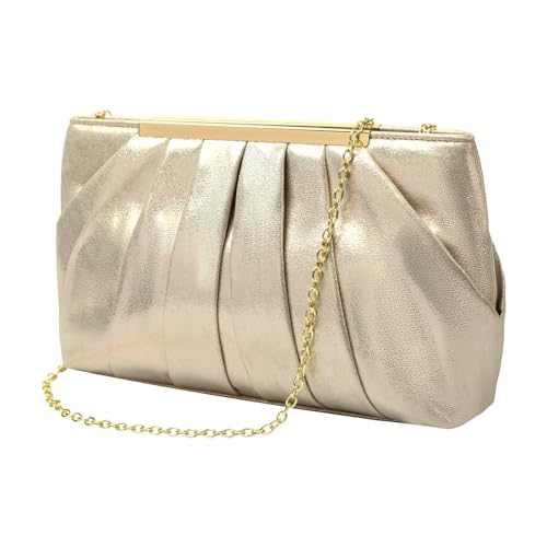 ZOUIQSS Abendtasche Damen Pailletten Clutch Elegant Brauttasche aus Plissierter Satin mit Kette Handtasche für Hochzeit Abschlussball Party(Glänzend Champagner) von ZOUIQSS