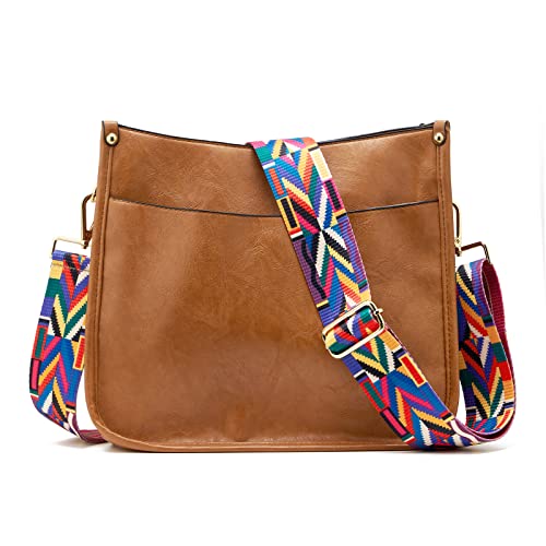 ZOUIQSS Dame Crossbody Taschen Leder Umhängetasche Frauen Hobo Handtasche mit Reißverschluss Schultertasche mit verstellbarem Riemen(Braun(5cm) Bunte Streifen) von ZOUIQSS