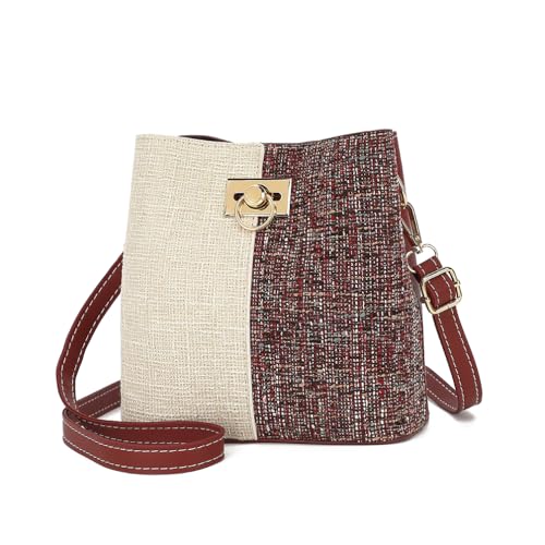 Tweed Umhängetasche für Damen, kleine Leder-Eimertasche, Crossbody-Tasche, Schultertasche, Geldbörse mit verstellbarem Riemen, Rot/Ausflug, einfarbig (Getaway Solids), Small von ZOVYRON