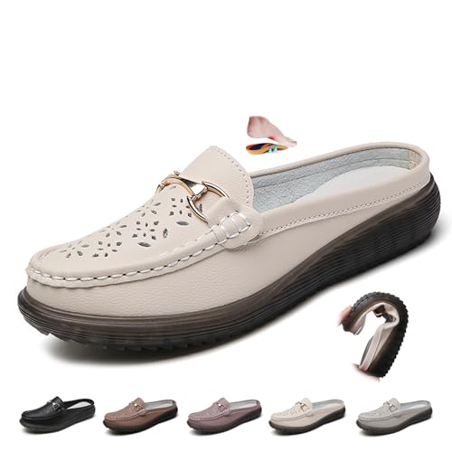Damen-Clogs, Leder, geschlossene Zehen, atmungsaktiv, flache Ledersandalen, Halbschuhe, Mokassins, rückenfreie Loafers, beige, 0 UK Wide Damen-Clogs, Leder, geschlossene Zehen, atmungsaktiv, flache Ledersandalen, Halbschuhe, Mokassins, rückenfreie Loafers, beige, 0 UK Wide von ZPLMIDE