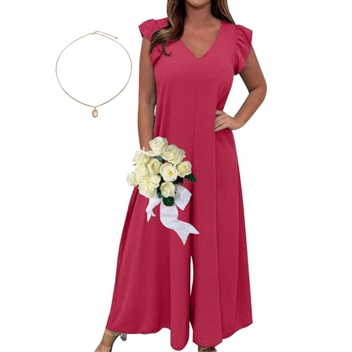 ZPLMIDE Damen-Jumpsuit für den Sommer, gerüscht, weites Bein, lässig, V-Ausschnitt, einfarbig, Fliegenärmel, Overall, Schnürung, gerüscht, weites Bein, rot, 42 von ZPLMIDE