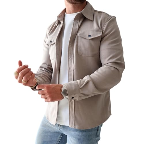 ZPLMIDE Men's Button Down Shirt Jacket, Casual Brushed Shirt Slim-Fit Long-Sleeve Work Coat Button Down Overshirt for Men (Apricot,XXL) von ZPLMIDE