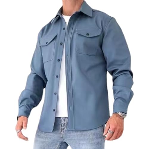 ZPLMIDE Men's Button Down Shirt Jacket, Casual Brushed Shirt Slim-Fit Long-Sleeve Work Coat Button Down Overshirt for Men (Blue,L) von ZPLMIDE