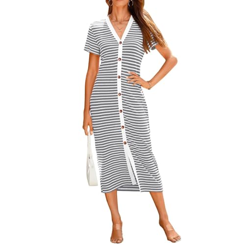 ZRYAZQ Sommerkleid Damen Gestreift Lang Gestricktes Kleider Sommer Midi mit Knopfleiste Elegant Sommerkleider Damen Leicht Und Luftig Midikleid Kurzarm V Ausschnitt Kleid Strick Sommer Streifen ZRYAZQ Sommerkleid Damen Gestreift Lang Gestricktes Kleider Sommer Midi mit Knopfleiste Elegant Sommerkleider Damen Leicht Und Luftig Midikleid Kurzarm V Ausschnitt Kleid Strick Sommer Streifen von ZRYAZQ