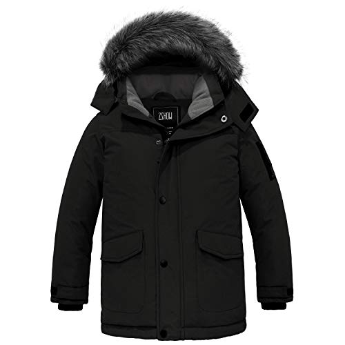 ZSHOW Jungen Outdoor Sport Mantel Kunstfell-Kapuze Jacke Klassisch Militär Jacke Bequem Freizeit Jacke Schwarz 116-122 von ZSHOW