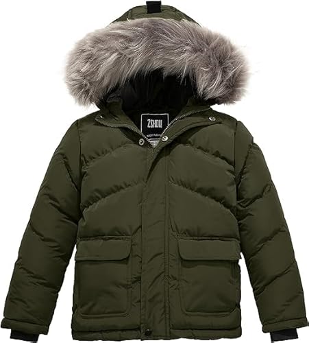 ZSHOW Jungen Winter Warme Gepolsterte Baumwolljacke Wasserabweisend Outdoorjacke Kunstpelz Kapuzen Mäntel Winddichte Oberbekleidung Armeegrün 152-158 von ZSHOW