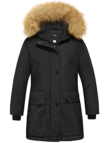 ZSHOW Mädchen Winter Baumwolle Gepolsterter Mantel Wasserabweisend Outdoor Jacke Kunstpelz Kapuzenmäntel Warme Fleece Jacken Schwarz 140-146 von ZSHOW