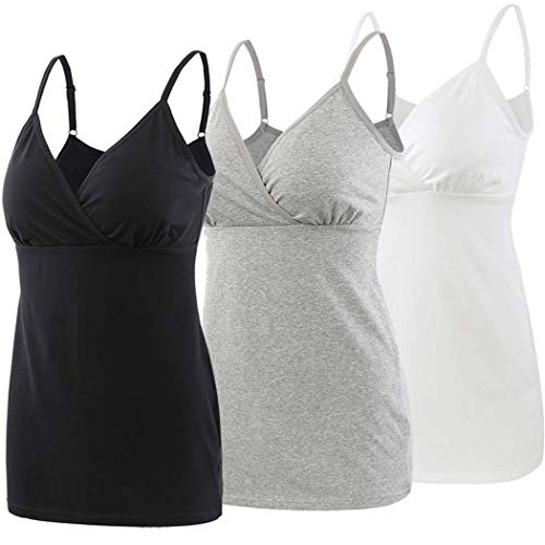 ZUMIY Schwangerschaft Stillen Top, Damen Baumwolle Umstandskleidung Schlaf Ärmellos Cami mit Verstellbaren Trägern (X-Large, Black+Grey+White/ 3-pk) von ZUMIY